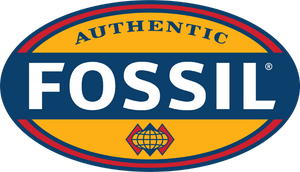 Fossil brand logo with a yellow and blue oval design
